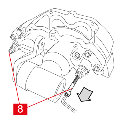 Wenn die durch den Scheibenverschleiß entstandene Stufe das Herausziehen der Beläge behindert, entfernen Sie das Bremssattelgehäuse: 1. Entfernen Sie die Schrauben (Punkt 8) mit einem Schraubenschlüssel.