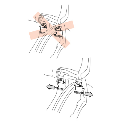 Bei Bremssätteln mit vier Federn montieren Sie die Federn so, dass die Rippen immer nach außen auf die Bremssattelhalterung zeigen.  ACHTUNG! Achten Sie auf die richtige Montagerichtung.