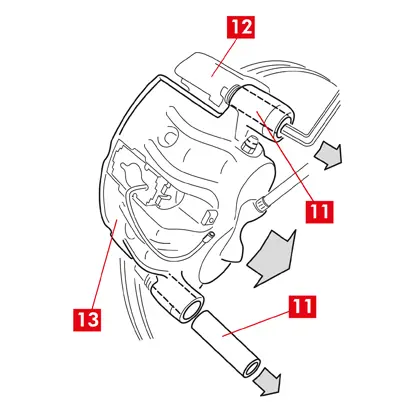 Bewegen Sie das Bremssattelgehäuse (Punkt 13) von der Bremssattelhalterung (Punkt 12) weg, indem Sie ihn um die andere Führungsbuchse drehen, damit die Bremsbeläge aus der Bremssattelhalterung gezogen werden können. Befestigen Sie das Bremssattelgehäuse mit Hilfe geeigneter Halterungen am Fahrzeugrahmen. Der Sitz der Buchse darf nicht als Befestigungspunkt verwendet werden.