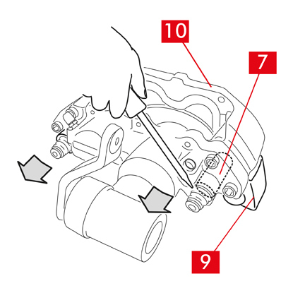 Nehmen Sie einen Schraubendreher und hebeln Sie die Führungsbuchsen auf.   3. Ziehen Sie die Führungsbuchsen (Punkt 7) gerade so weit heraus, dass sie sich aus der Bremssattelhalterung (Punkt 9) lösen.   4. Trennen Sie das Bremssattelgehäuse (Punkt 10) von der Bremssattelhalterung (Punkt 9) und hängen Sie es mit einem S-Haken an den Fahrzeugrahmen.