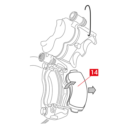 Entfernen Sie die Bremsbeläge (Punkt 14), ohne sie zu beschädigen.   12.  Markieren Sie auf den Belägen mit einem Filzstift die Drehrichtung der Scheibe, um eine falsche Ausrichtung der Beläge beim Wiedereinbau zu vermeiden.