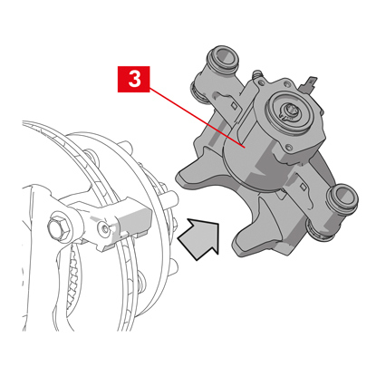 Nehmen Sie verschüttete Bremsflüssigkeit sofort auf.  5. Halten Sie die Zuleitung hoch, um ein Auslaufen zu vermeiden.   6. Entfernen Sie das Bremssattelgehäuse (Punkt 3).
