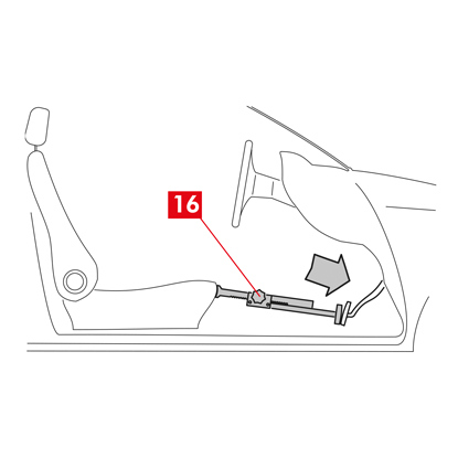 Bringen Sie einen Abstandshalter (Punkt 16) im Fahrgastraum zwischen Sitz und Bremspedal an, damit das Pedal während des gesamten Vorgangs gedrückt bleibt.