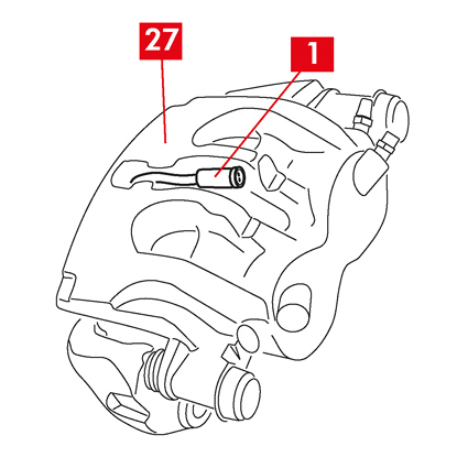 Setzen Sie den Bremssattel vorsichtig ein, indem Sie das Bremssattelgehäuse (Punkt 27) um die noch eingeschraubte Führungsbuchse drehen. Bei der Montage von selbstklebenden Bremsbelägen ist darauf zu achten, dass das Bremssattelgehäuse nicht mit dem Bremsbelag in Berührung kommt, bevor die Montage des Bremssattelgehäuses abgeschlossen ist.  ACHTUNG! Den Bremssattel vorsichtig schließen und darauf achten, dass die Schutzmanschetten der Buchsen nicht durch Stöße gegen die Bremssattelhalterung beschädigt werden.