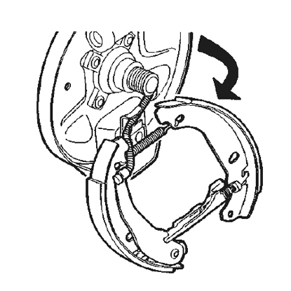 Bewegen Sie die Bremsbacke mit der Verbindungsstange nach hinten und lösen Sie den Handbremszug.