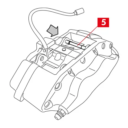  •	Setzen Sie einen der Stifte (Punkt 5) wieder in die entsprechenden Schlitze im Bremssattel und in den Bremsbelägen mit Hilfe eines Hammers und eines Splinteintreibers ein. Ein Stift ist richtig eingesetzt, wenn er sich nicht mehr vorschieben lässt und das Geräusch des Hammerschlags lauter und metallischer klingt.