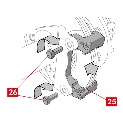 Die neue Bremssattelhalterung (Punkt 25) auf dem Nabenträger positionieren.  2. Setzen Sie die Befestigungsschrauben (Punkt 26) ein und ziehen Sie sie mit dem vom Fahrzeughersteller vorgeschriebenen Drehmoment an.