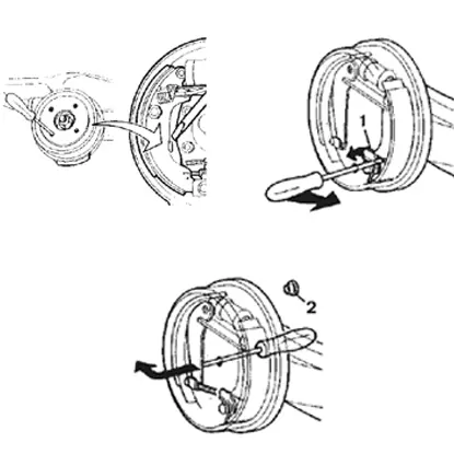 Die Trommel entfernen. Bei Schwierigkeiten beim Lösen der Dichtungen: Einen Schraubenzieher in die Radbefestigungsbohrung an der Trommel einstecken und den Handbremshebel zurück drücken. Die Trommel hat ein Loch auf der Vorderseite: Führen Sie einen Stab in die Öffnung ein und lösen Sie die Spielrückstellung, indem Sie die Sperrklinke (Punkt 1) nach unten drücken. Die Trommel hat kein Loch auf der Vorderseite: einen Schraubenzieher in die Öffnung der Sperrklinke (Punkt 2 auf der Rückseite der Platte) einführen und den Handbremshebel zurück drücken.