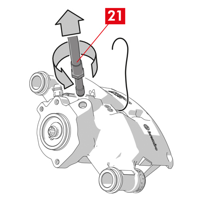 Lösen Sie die Zuleitung (Punkt 21) am Bremssattel gerade so weit, dass sie von Hand vollständig abgeschraubt werden kann, vermeiden Sie jedoch, dass Bremsflüssigkeit ausläuft.