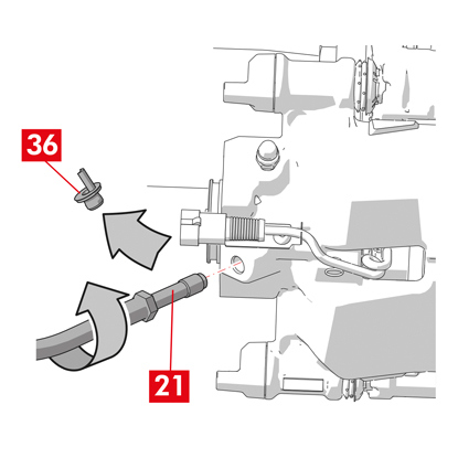 Entfernen Sie die Schutzkappe (Punkt 36) von der Bremsflüssigkeitseinlassöffnung.   2. Schließen Sie die Bremsflüssigkeitszuleitung wieder an (Punkt 21).   3. Entfernen Sie den Abstandshalter, den Sie zuvor im Innenraum platziert haben, um das Bremspedal zu lösen und den Kreislauf wieder zu öffnen.