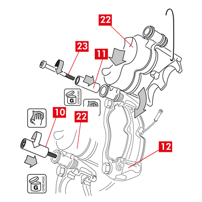 Positionieren Sie das neue Bremssattelgehäuse (Punkt 22), indem Sie eine der beiden Führungsbuchsen (Punkt 10) in die Aufnahme an der Bremssattelhalterung (Punkt 12) einsetzen.  ACHTUNG! Entfernen Sie die Schutzkappe auf der Einlassöffnung für die Bremsflüssigkeit erst nach dem endgültigen Anschluss des Schlauchs.   4. Bei einer nicht integrierten Führungsbuchse (Punkt 11) ist eine neue Schraube (Punkt 23) zu montieren und anzubringen.   5. Schließen Sie den Bremssattel vorsichtig, indem Sie das Bremssattelgehäuse (Punkt 22) um die Führungsbuchse drehen.