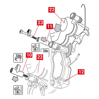 Positionieren Sie das neue Bremssattelgehäuse (Punkt 22), indem Sie eine der beiden Führungsbuchsen (Punkt 10) in die Aufnahme an der Bremssattelhalterung (Punkt 12) einsetzen.  ACHTUNG! Entfernen Sie die Schutzkappe auf der Einlassöffnung für die Bremsflüssigkeit erst nach dem endgültigen Anschluss des Schlauchs.   4. Bei einer nicht integrierten Führungsbuchse (Punkt 11) ist eine neue Schraube (Punkt 23) zu montieren und anzubringen.   5. Schließen Sie den Bremssattel vorsichtig, indem Sie das Bremssattelgehäuse (Punkt 22) um die Führungsbuchse drehen.