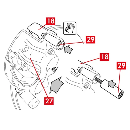 Das Bremssattelgehäuse (Punkt 27) zur Bremssattelhalterung vorschieben (Punkt 18).   6. Die Führungsbuchse (Punkt 29) wieder in die Aufnahme der Bremssattelhalterung einsetzen. 