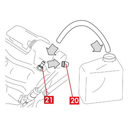 Die Schutzkappe (Punkt 20) entfernen und einen durchsichtigen Schlauch an den Entlüftungsschrauben (Punkt 21) am Bremssattel anschließen, an dessen Ende ein Behälter zum Auffangen der abfließenden Flüssigkeit angebracht wird.