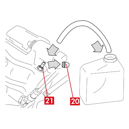 Die Schutzkappe (Punkt 20) entfernen und einen durchsichtigen Schlauch an den Entlüftungsschrauben (Punkt 21) am Bremssattel anschließen, an dessen Ende ein Behälter zum Auffangen der abfließenden Flüssigkeit angebracht wird.