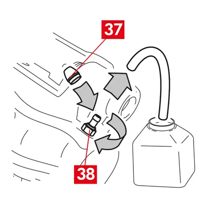 Entfernen Sie die Schutzkappe (Punkt 37) von der Entlüftungsschraube (Punkt 38).   5. Einen durchsichtigen Schlauch an den Entlüftungsschrauben (Punkt 38) am Bremssattel anschließen, an dessen Ende ein Behälter zum Auffangen der abfließenden Flüssigkeit angebracht wird.