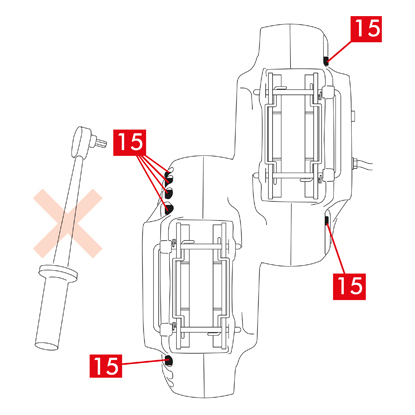 ACHTUNG! Bei Bremssätteln mit Doppelscheiben müssen nur die Befestigungsschrauben der Achse entfernt werden. Entfernen Sie nicht die Schrauben (Punkt 15), mit denen die Bremssattel-Hälften verbunden sind.