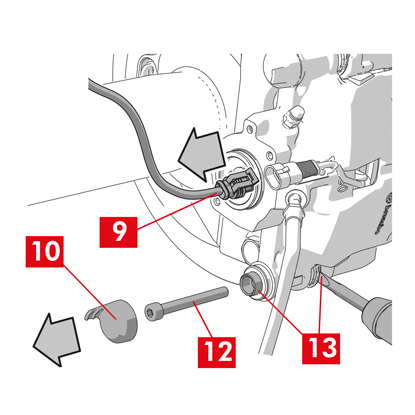 Lösen und entfernen Sie die zweite Schraube (Punkt 12).   5. Bei Bremssätteln Typ ECS60 mit einem Schraubendreher in die Nut der Buchse eindringen, um sie aus der Bremssattelhalterung zu lösen.