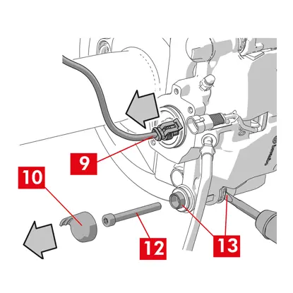 Den Verschleißanzeiger (Punkt 9), falls vorhanden, von der Klemme im Fahrzeug, lösen Sie ihn vom Blech (Punkt 2), das ihn am Bremssattel hält und von eventuellen Haken am Fahrgestell.   2. Entfernen Sie die Schutzkappe (Punkt 10) von der zweiten Buchse (Ausgangsseite der vorwärts drehenden Scheibe).