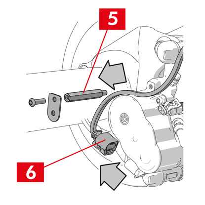 Lösen Sie das Stromversorgungskabel des Getriebemotors aus der Kabelstrangdurchführung.   4. Bei Bremssätteln Typ ECS60 lösen und entfernen Sie die Kabelstrangdurchführung (Punkt 5).   5. Trennen Sie das Stromkabel (Punkt 6) vom Getriebemotor. ZUR BEACHTUNG! Der Steckverbinder kann mit einer Sicherheitsverriegelung versehen werden.