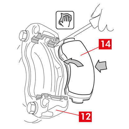 Setzen Sie die Bremsbeläge (Punkt 14) in die Bremssattelhalterung (Punkt 12) ein. Verwenden Sie einen Schraubendreher, um auf die seitlichen Federn Druck auszuüben.  ZUR BEACHTUNG! Die auf den Belägen eingeprägten Pfeile müssen in Drehrichtung der Scheibe ausgerichtet sein. GEFAHR! Die Bremsbeläge müssen mit dem Reibmaterial zur Scheibe hin eingesetzt werden. ACHTUNG! Der Belag mit Verschleißanzeiger muss wieder in der Position montiert werden, in der er sich vor dem Ausbau befand.