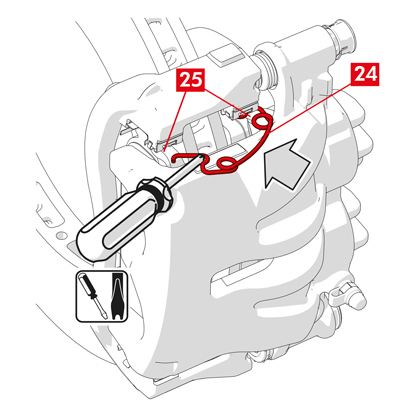 Bei Restmoment-Ausgleichsfedern (Punkt 24) haken Sie die Feder unter der Platte (Punkt 25) des Bremsbelags ein und haken Sie sie mit einem Hohlspitzschraubendreher unter der Platte des anderen Bremsbelags ein.  GEFAHR! Ein unsachgemäßes Einspannen der Feder kann dazu führen, dass sie herausspringt. ACHTUNG! Achten Sie auf die richtige Montagerichtung.