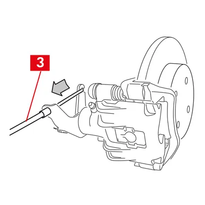 Bei Bremssätteln mit Feststellbremse das Steuerkabel (Punkt 3) aus dem Bremssattel aushaken.