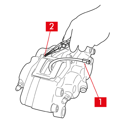 Trennen Sie das Kabel des Verschleißanzeigers (Punkt 1), falls vorhanden, von der Klemme im Fahrzeug und befreien Sie es von eventuellen Haken am Fahrgestell.   2. Bei Modellen, die mit Sicherheitsstiften (Punkt 2) ausgestattet sind, diese mit Hilfe einer Zange entfernen.