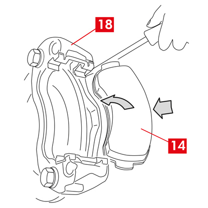 Setzen Sie die Bremsbeläge (Punkt 14) in die Bremssattelhalterung (Punkt 18) ein. Verwenden Sie einen Schraubendreher, um auf die seitlichen Federn Druck auszuüben.  ZUR BEACHTUNG! Die auf den Belägen eingeprägten Pfeile müssen in Drehrichtung der Scheibe ausgerichtet sein. GEFAHR! Die Bremsbeläge müssen mit dem Reibmaterial zur Scheibe hin eingesetzt werden. ACHTUNG! Der Belag mit Verschleißanzeiger muss wieder in der Position montiert werden, in der er sich vor dem Ausbau befand.