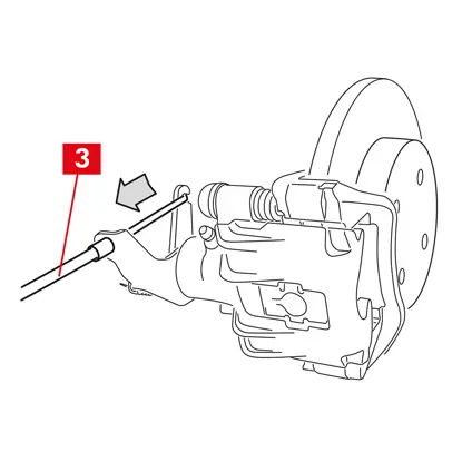 Bei Bremssätteln mit Feststellbremse das Steuerkabel (Punkt 3) aus dem Bremssattel aushaken.