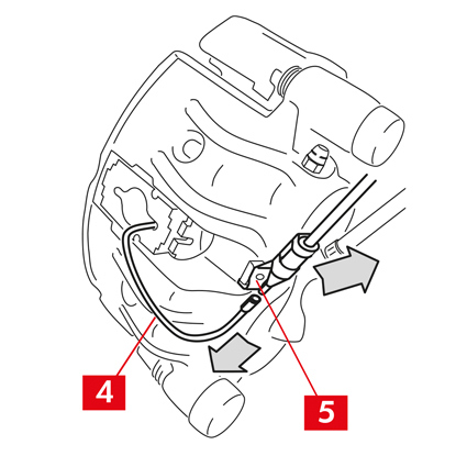 Trennen Sie das Kabel des Verschleißanzeigers (Punkt 4), falls vorhanden, von der Klemme im Fahrzeug, lösen Sie es vom Blech (Punkt 5), das es am Bremssattel hält und von eventuellen Haken am Fahrgestell.