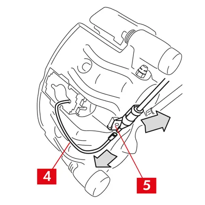 Trennen Sie das Kabel des Verschleißanzeigers (Punkt 4), falls vorhanden, von der Klemme im Fahrzeug, lösen Sie es vom Blech (Punkt 5), das es am Bremssattel hält und von eventuellen Haken am Fahrgestell.