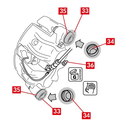 Reinigen Sie die Teile sorgfältig (Punkt 33), um die Dichtheit zu gewährleisten, und bringen Sie neue Schutzkappen an (Punkt 34), wobei Sie die Innenfläche und den Sitz des Bremssattelgehäuses mit dem im Austauschsatz enthaltenen Fett einfetten.   13. Drehen Sie die Schutzkappe (Punkt 34) so, dass sie fest sitzt (Punkt 35).   14. Schließen Sie das Kabel des Verschleißanzeigers, falls vorhanden, wieder an die Klemme im Fahrzeug an und befestigen Sie ihn mit leichtem Druck am Blech am Bremssattel und haken ihn am Fahrgestell wieder ein.   15. Entfernen Sie die Schutzkappe von der Bremsflüssigkeitseinlassöffnung (Punkt 36).   16. Schließen Sie die Bremsflüssigkeitszuleitung wieder an.   17. Entfernen Sie den Abstandshalter, der sich zuvor im Fahrzeuginneren befand, um das Pedal von der Bremse zu lösen und den Hydraulikkreislauf wieder zu öffnen.   18. Den Verschluss des Bremsflüssigkeitsbehälters öffnen.