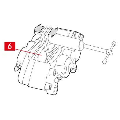 iehen Sie die Kolben mit einem Dehninstrument oder einem anderen geeigneten Werkzeug leicht zurück, indem Sie Druck auf die Beläge ausüben (Punkt 6).  Die Kolben müssen weit genug zurückgezogen werden, damit sich anschließend der Bremssattel von der Scheibe wegbewegen kann.   2. Wenn es das Design des Bremssattels zulässt, ziehen Sie die Beläge heraus. Andernfalls entfernen Sie sie nach der Demontage des Bremssattels. Wenn die Beläge wieder verwendet werden, markieren Sie die Drehrichtung der Scheibe mit einem Filzstift.