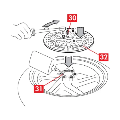 Thread locking liquid is applied to the seats of the fastening screws.