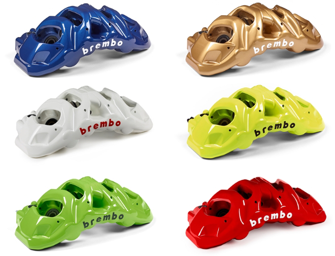 The Calipers in the UPGRADE GT kit in blue, gold, white, yellow, green and red
