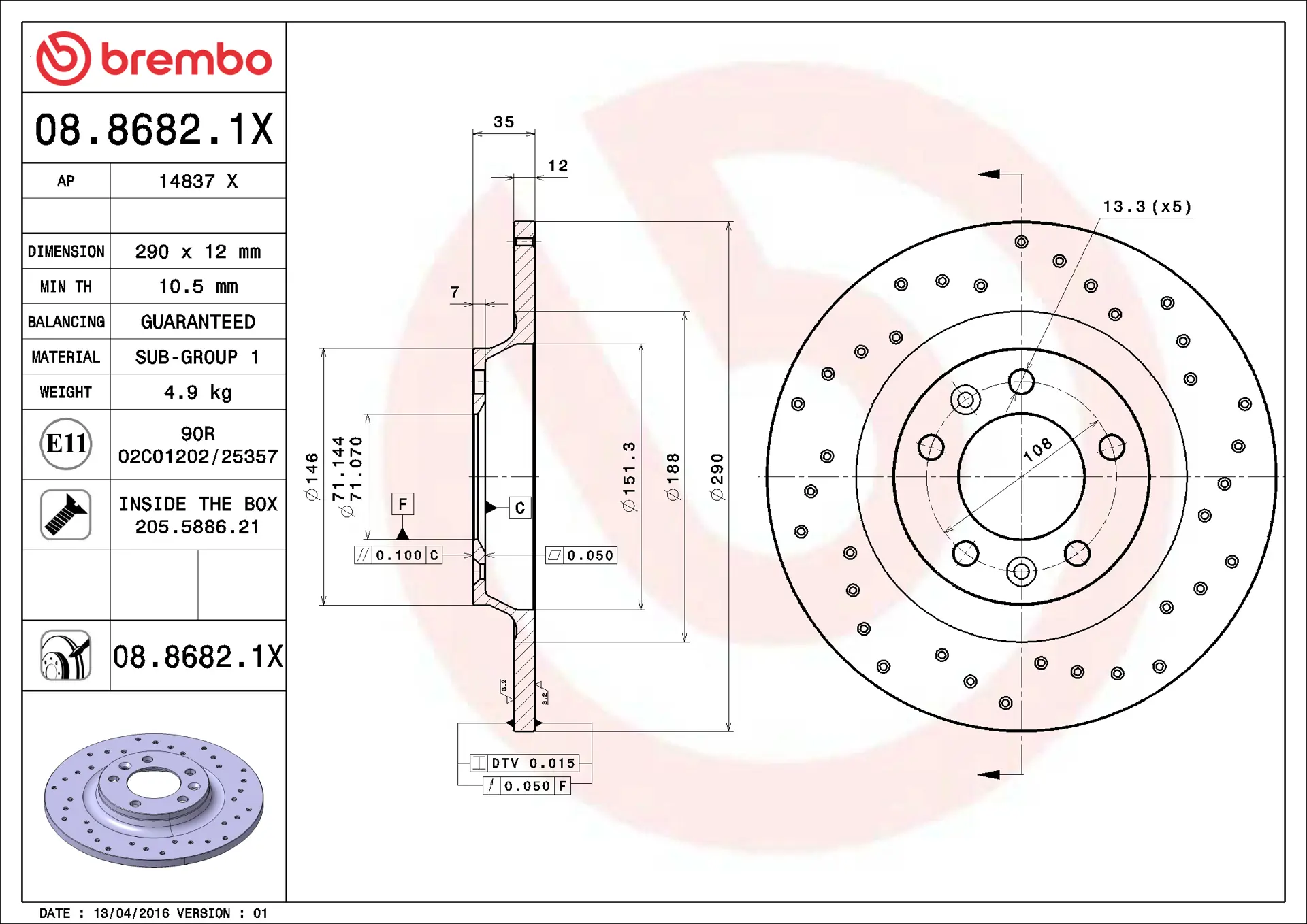 Rotors De Frein BREMBO 08.9488.1X - Lot De 2 Disques, Diamètre 256 Mm, 5 Trous, Avec Vis, Revêtus