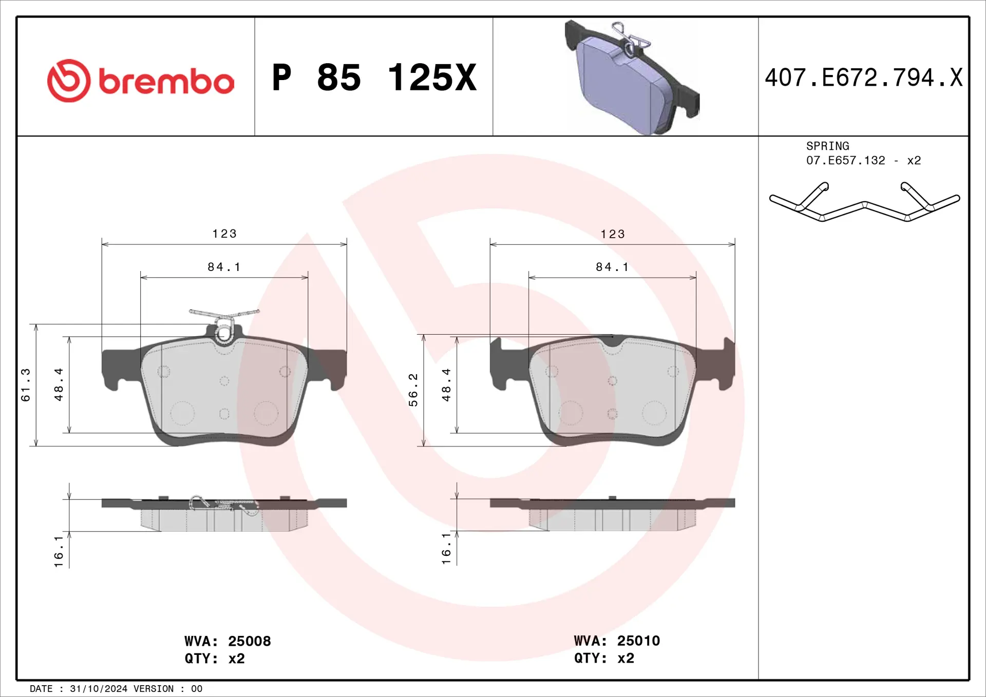 Brake Pad Set, Disc Brake BREMBO XTRA LINE P 85 125X