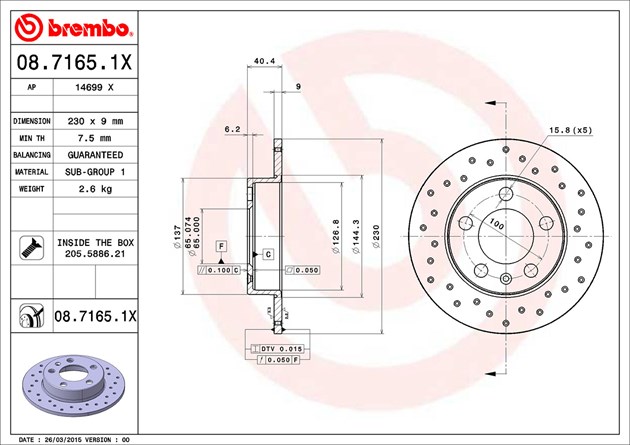 Brembo Xtra 08.7165.1X Rear Performance High Carbon Drilled Brake Disc Pair 