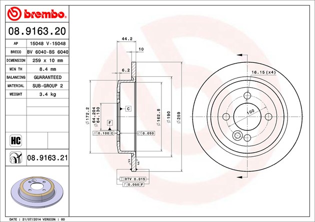 Set of 2 Brembo 08.9163.21 Rear UV Coated Brake Disc