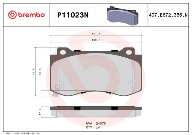 thumbnail image 2 of Brembo P44023N Performance Front Ceramic Brake Pads For 2010-2022 Range Rover – Low Dust 2 of 5
