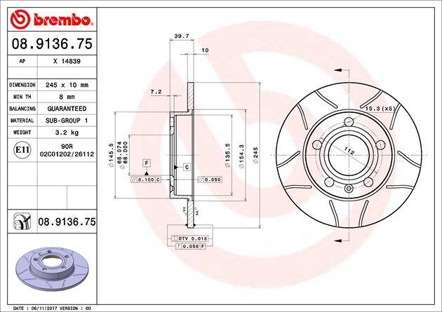 Brembo 08.9136.1X Disc Brake Rotor 