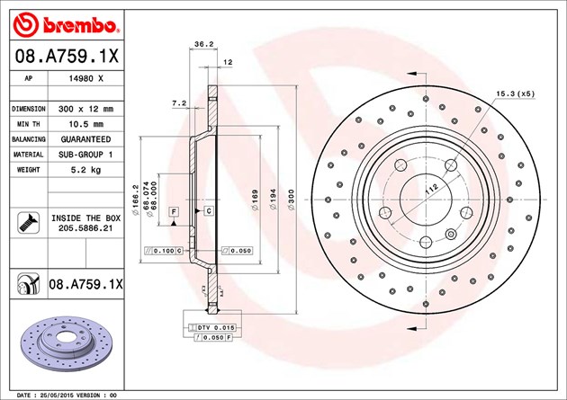 Ã˜ 300 mm GENUINE BREMBO SOLID REAR AXLE BRAKE DISCS 08.A759.11