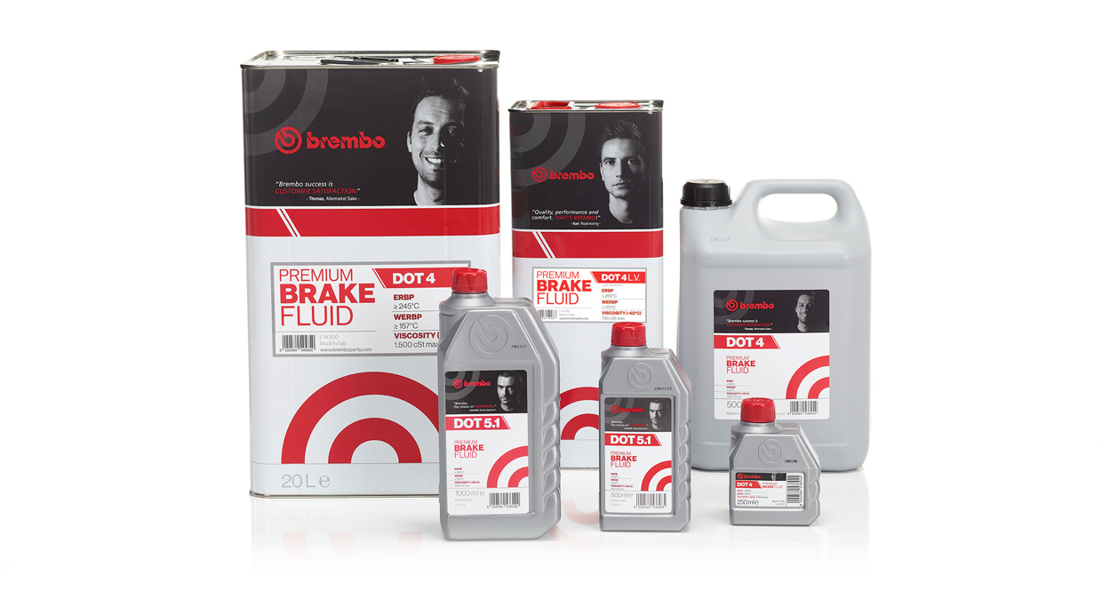 Brake fluid ranges identified by DOT (Department of Transport) and LHM (i.e., mineral-based) numbers 