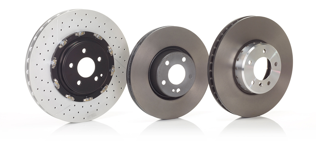 Three Brembo brake discs: floating, studded and co-cast (co-fused)