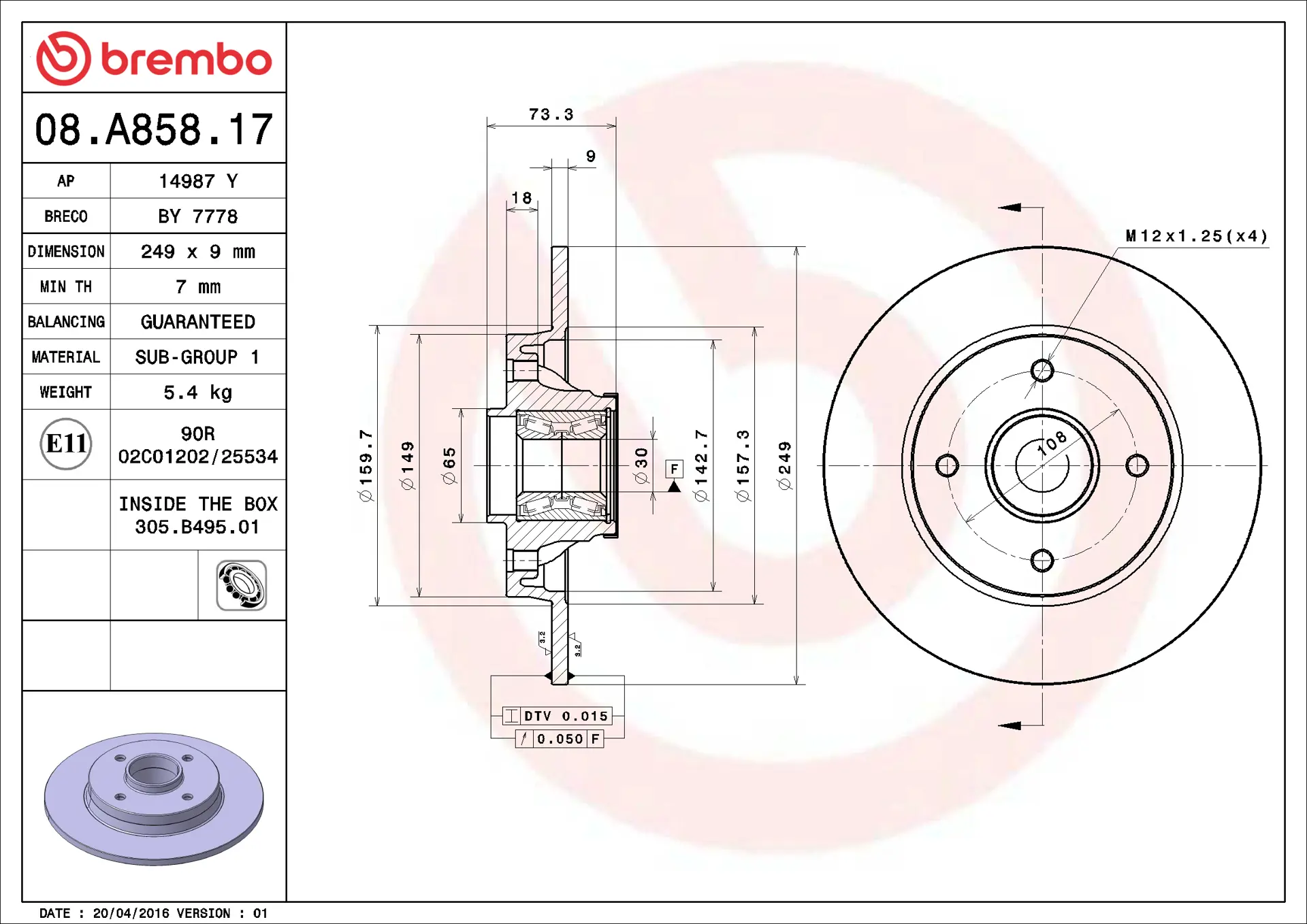 Disque De Frein Arrière Brembo Avec Roulement Intégré - Diamètre 249 Mm, Épaisseur 9 Mm - Compatible PEUGEOT/CITROËN