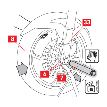 The wheel is inserted into the fork and the axle surface is cleaned with a damp cloth. The screws are inserted into the fork legs.