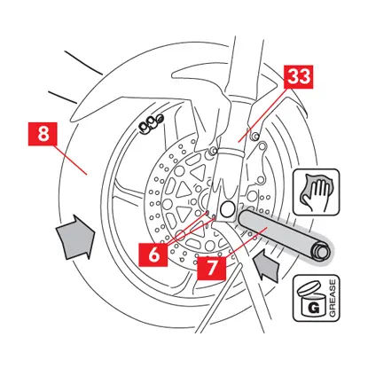 La roue est insérée dans la fourche et la surface de l’axe est nettoyée avec un chiffon humide. Les vis sont insérées dans les tubes de fourche.