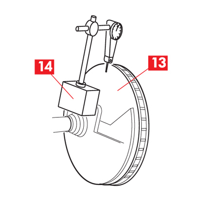 La base magnétique du comparateur est placée sur la surface d’appui de l’étrier et la pointe du comparateur est placée sur la surface de freinage interne du disque.