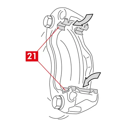 . S’ils sont présents comme pièce de rechange, remplacer les ressorts latéraux (point 21) dans le support d’étrier en les fixant avec une pression décidée.